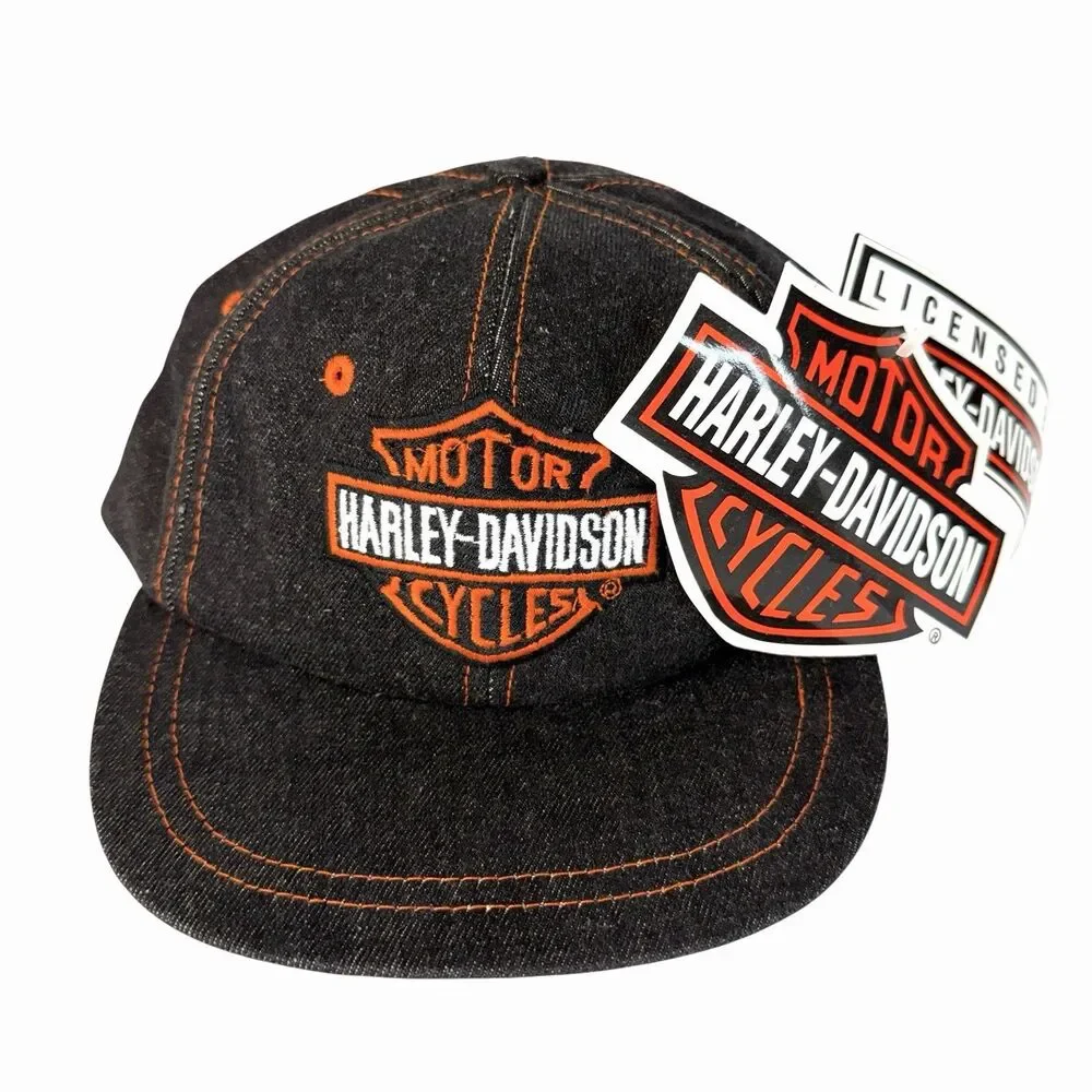 Harley Davidson Bar & Shield Snapback Vtg Denim Jean Hat Cap Black Orange Youth